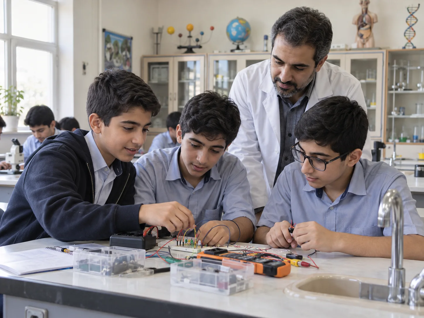 دانش‌آموزان پسر در کارگاه علوم با همراهی دبیر